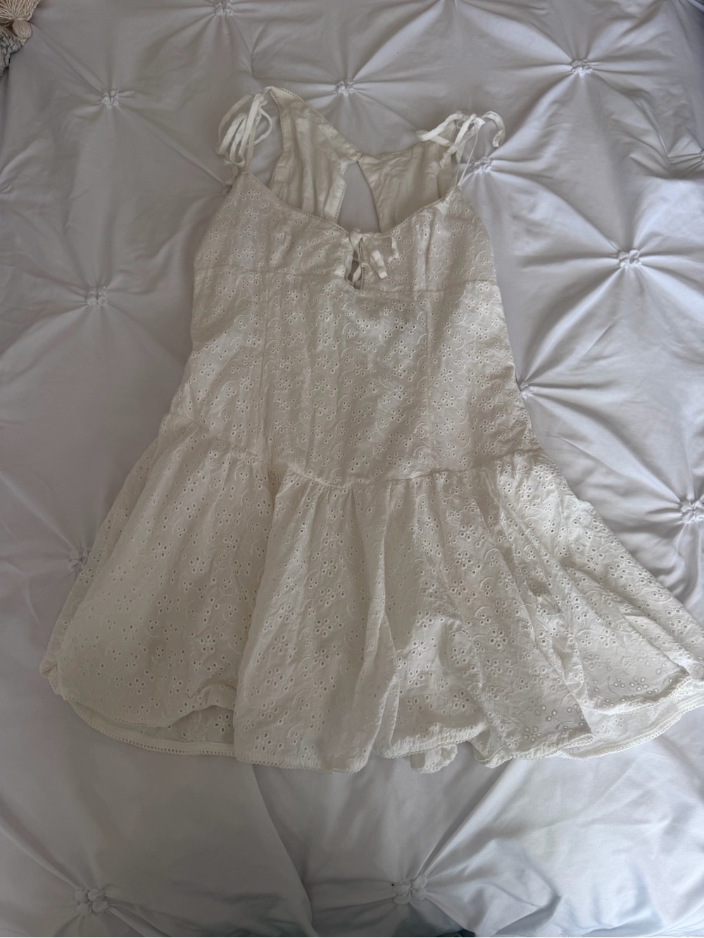 White Eyelet Tie-Shoulder Mini Dress